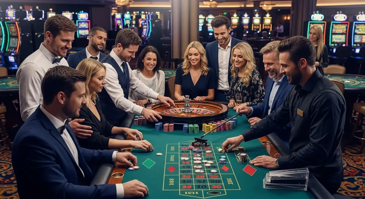 Crazy Balls Gruppe Freunde spielt lachend Roulette im luxuriösen Casino