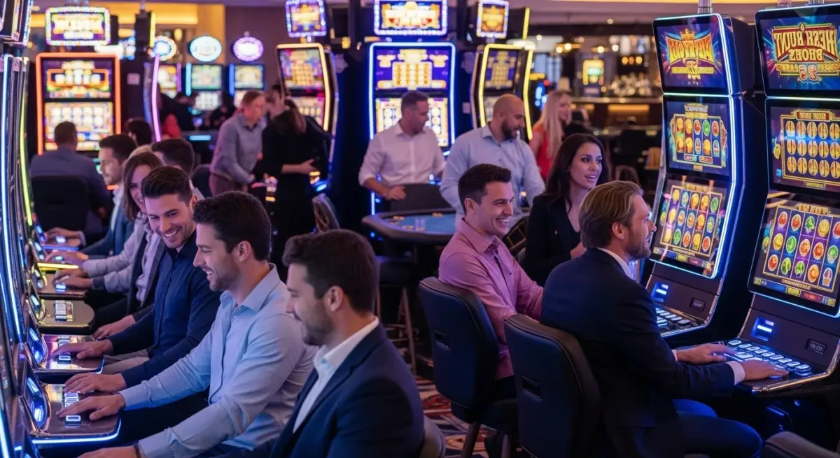 Crazy Balls Lachende Spieler betätigen bunte Spielautomaten in einem geschäftigen Casino