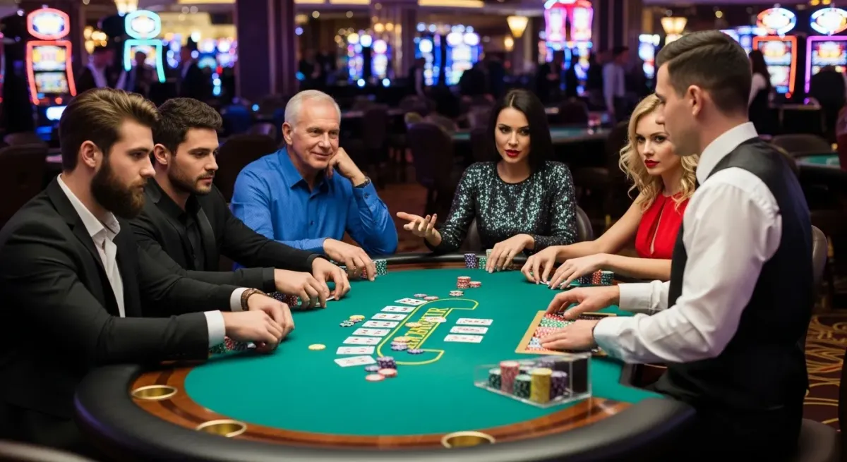 Crazy Balls Leute spielen Poker an einem grünen Tisch im Casino