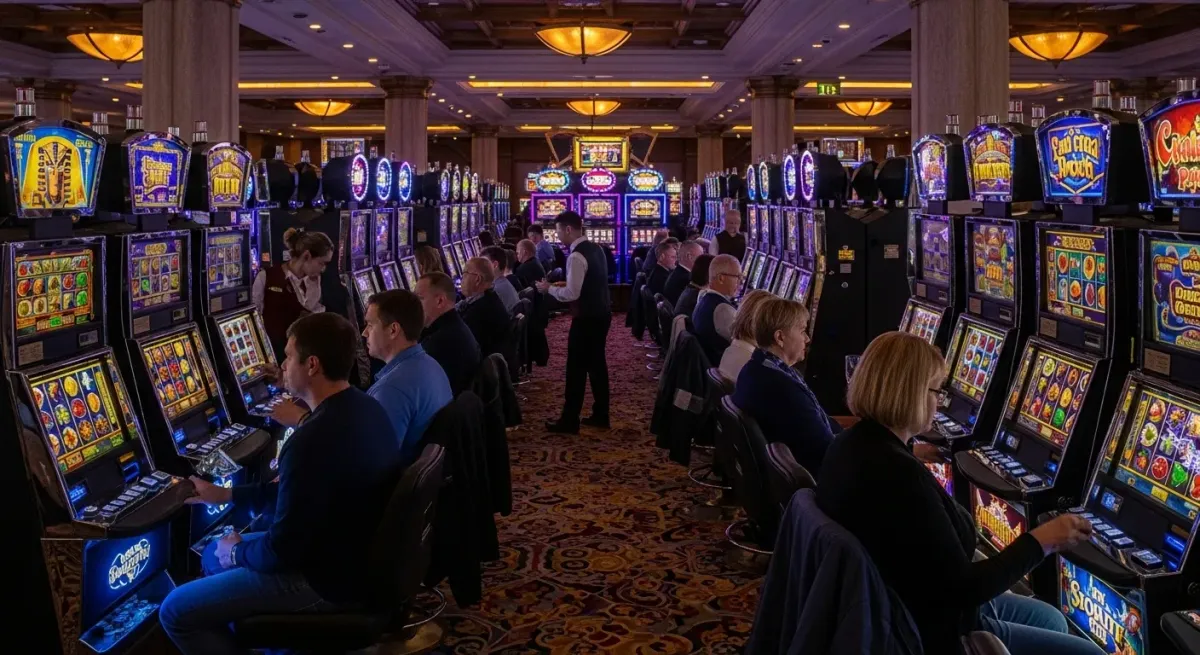 Crazy Balls Menschen spielen an leuchtenden Spielautomaten in einem luxuriösen Casino