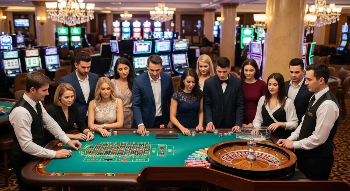 Crazy Balls Gruppe von Menschen spielt Roulette mit Croupier im Casino