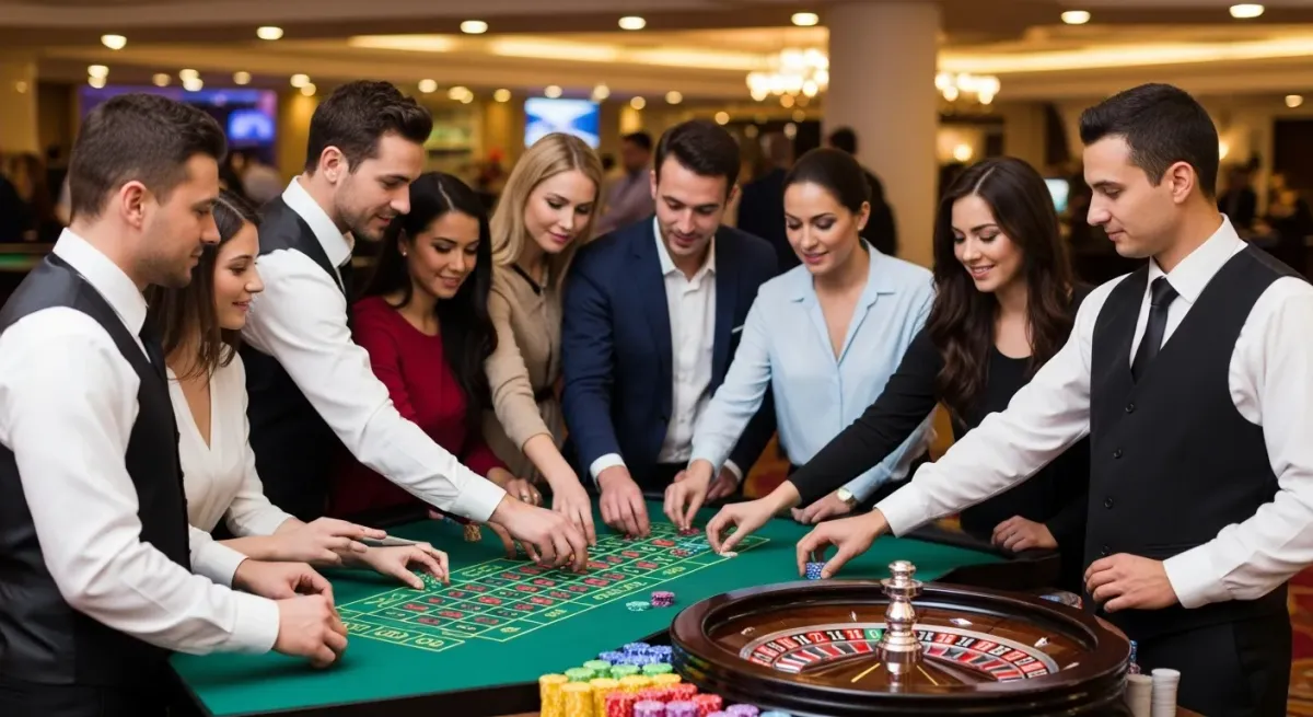 Crazy Balls Gruppe spielt Roulette am Tisch mit Jetons im Casino