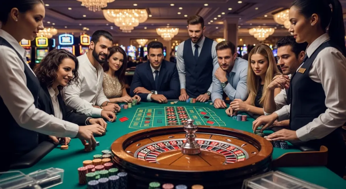 Crazy Balls Croupier und Spieler setzen Jetons am Roulette-Tisch im Casino