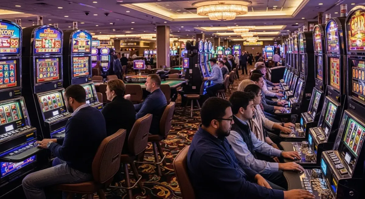 Crazy Balls Menschen spielen an Spielautomaten in einem geschäftigen Casino